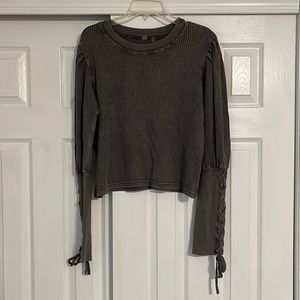 Free people Grey textured long sleeve with lace up sleeves